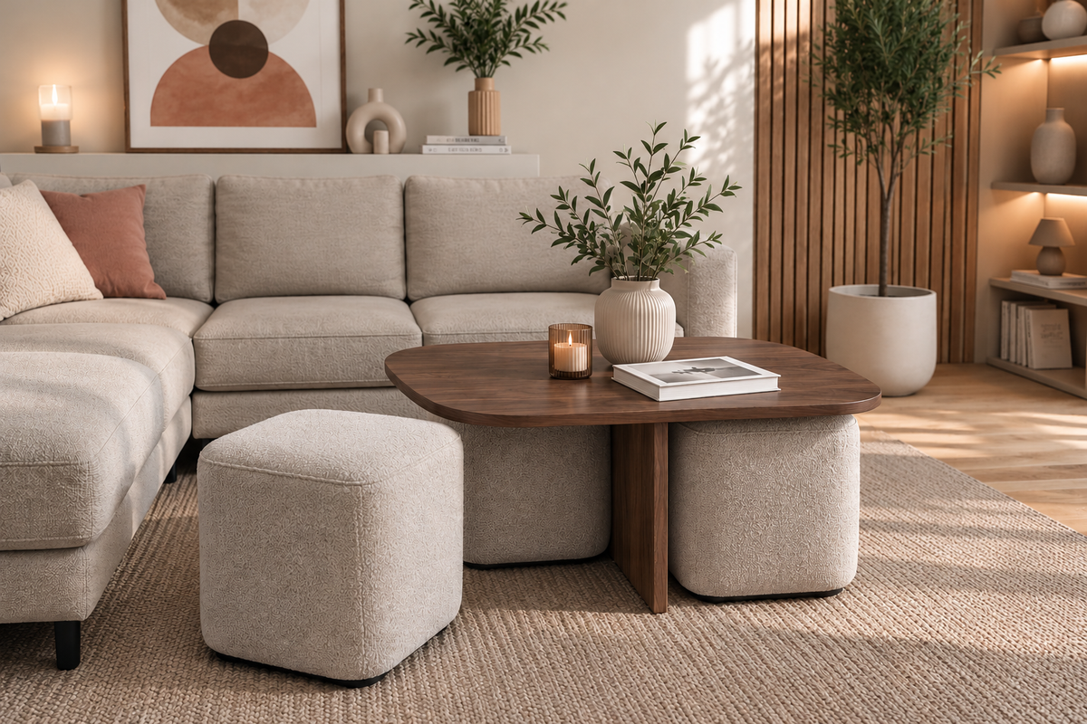 Table Basse Marbella Céramique Noyer avec poufs 80cm