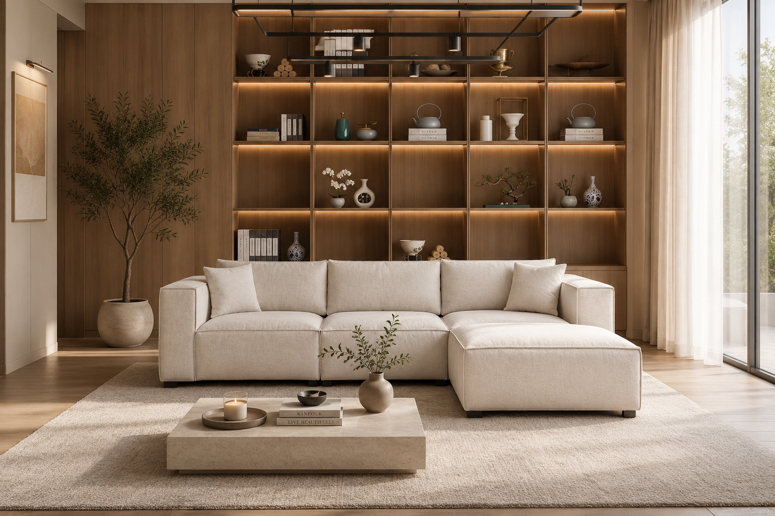 Canapé Elégance Chenille Modulable Blanc cassé 3+1 Pouf