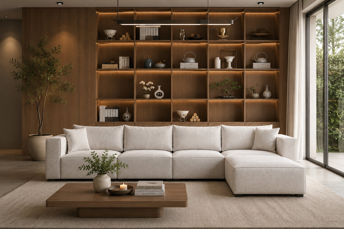 Canapé Elégance Chenille Modulable Blanc cassé 4+1 Pouf
