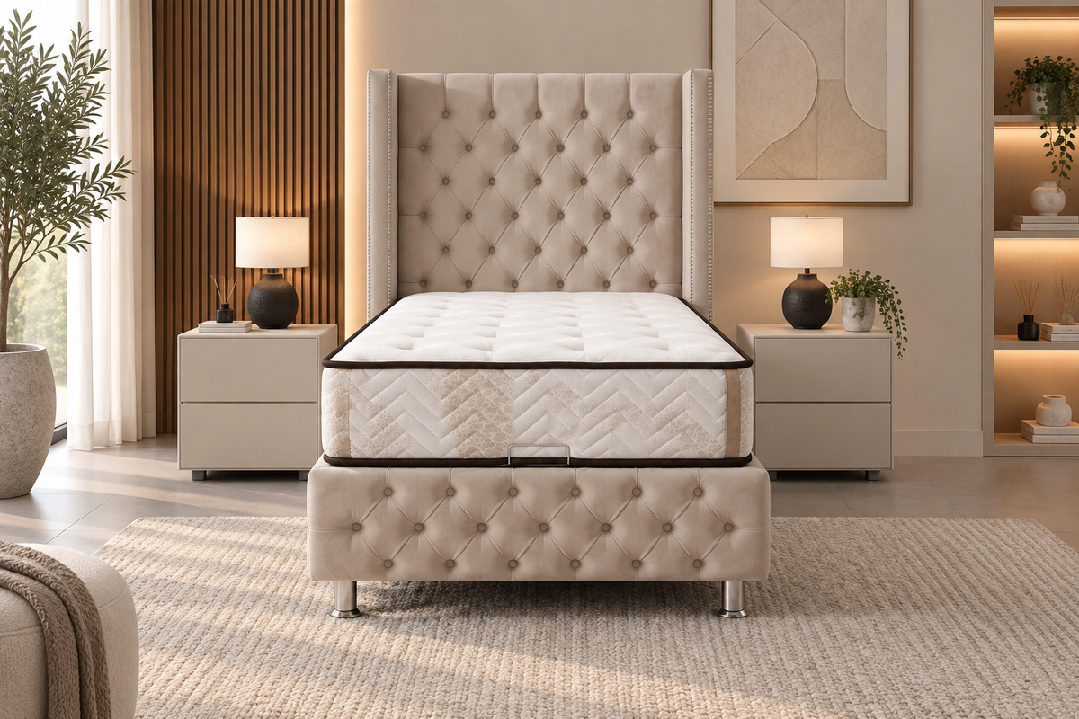 Lit Coffre Enfant CLOUTE BEIGE - Velours capitonné