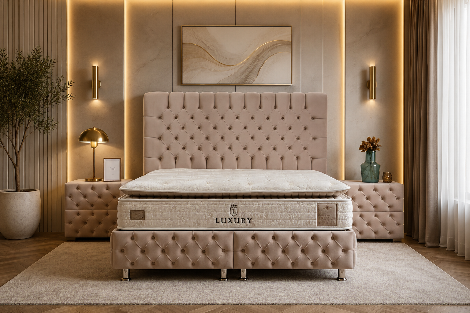 Lit Coffre LUNA BEIGE - Velours capitonné