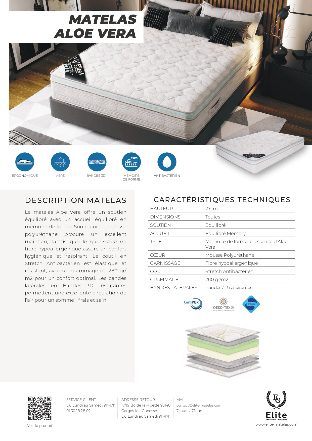 Matelas Élite Mousse à Mémoire De Forme 140x190 – 160x200 – 180x200 | Épaisseur 27 cm – ÉLITE MEMORY ALOE VERA