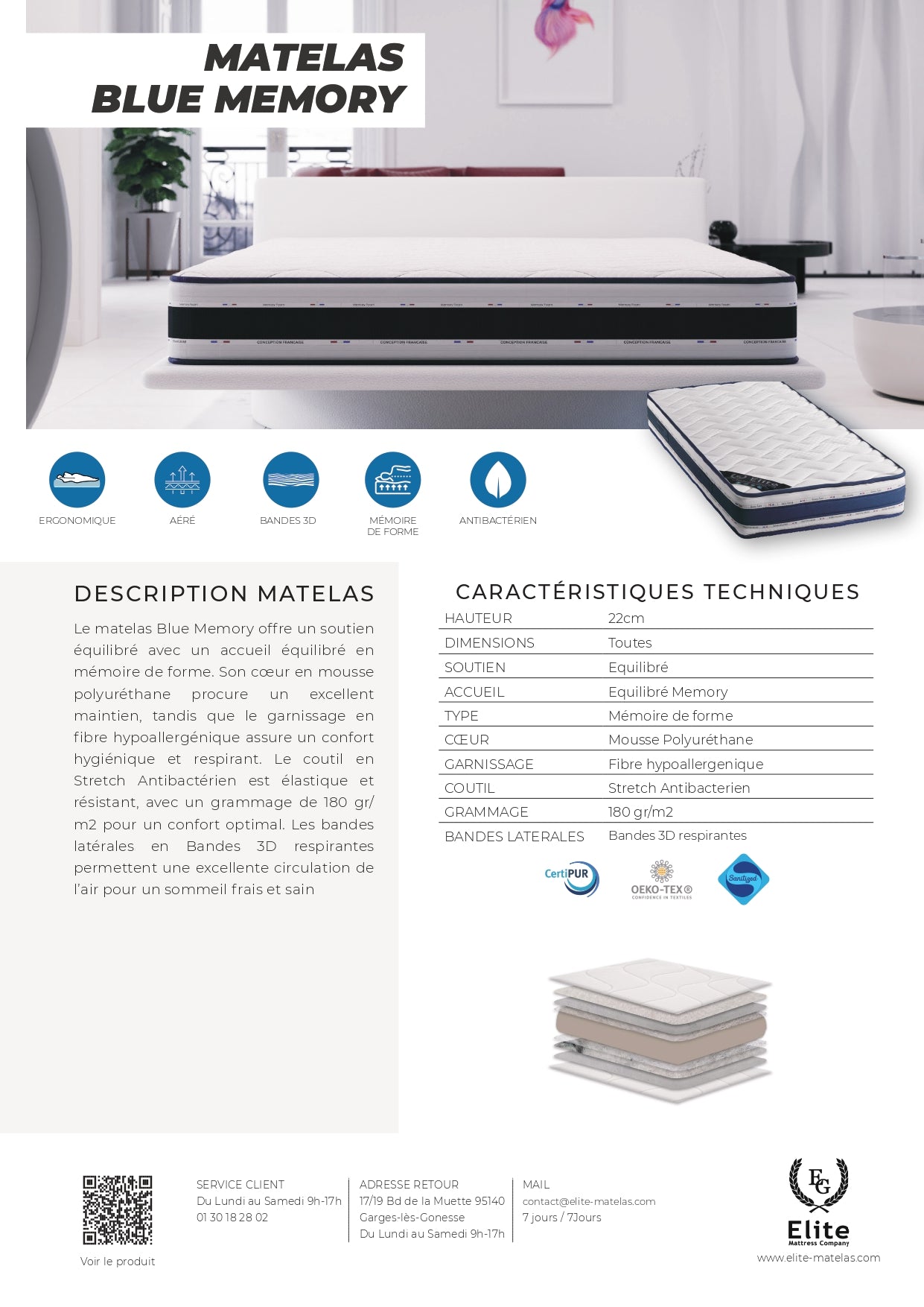 Matelas Élite Mousse à Mémoire De Forme 140x190 – 160x200 – 180x200 | Épaisseur 22 cm – ÉLITE MEMORY