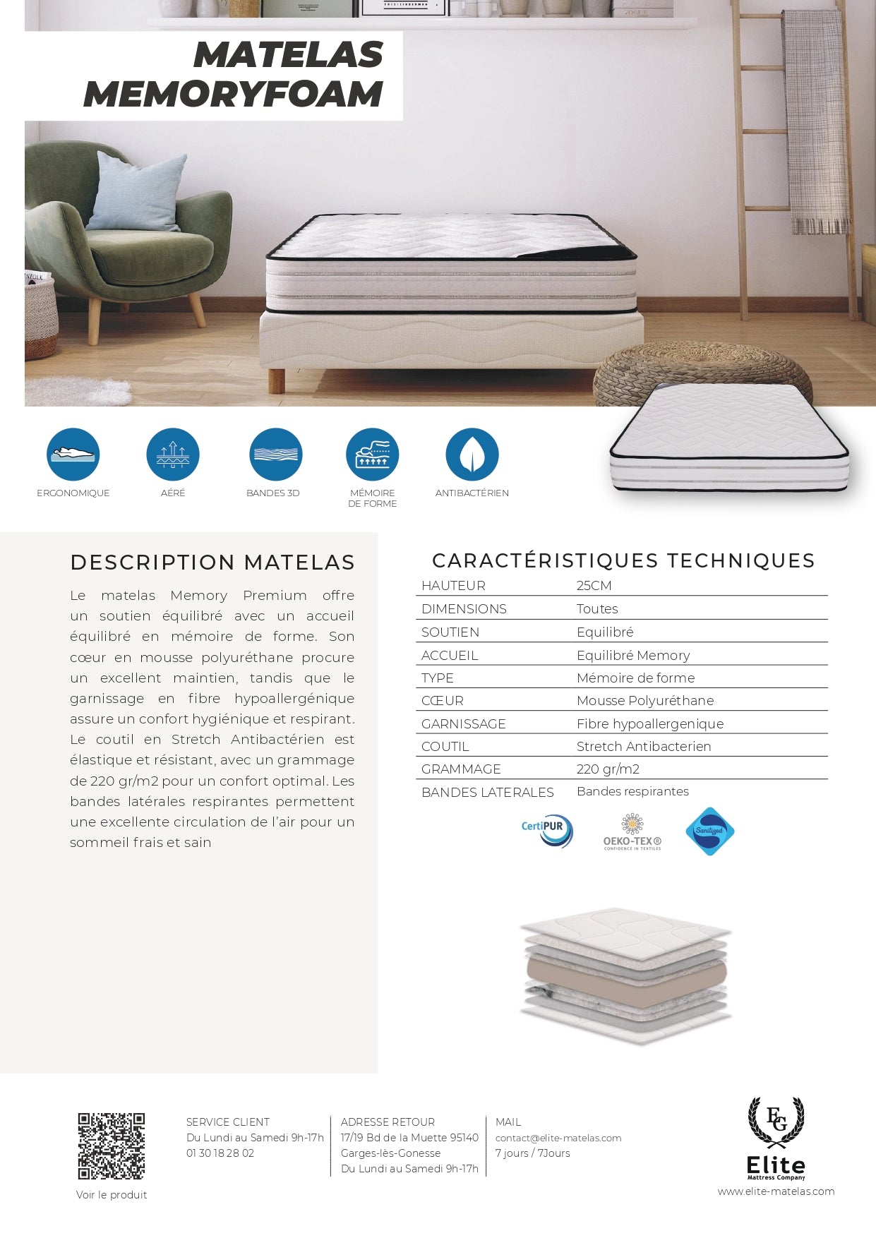 Matelas Élite Mousse à Mémoire De Forme 140x190 – 160x200 – 180x200 | Épaisseur 25 cm – ÉLITE MEMORY