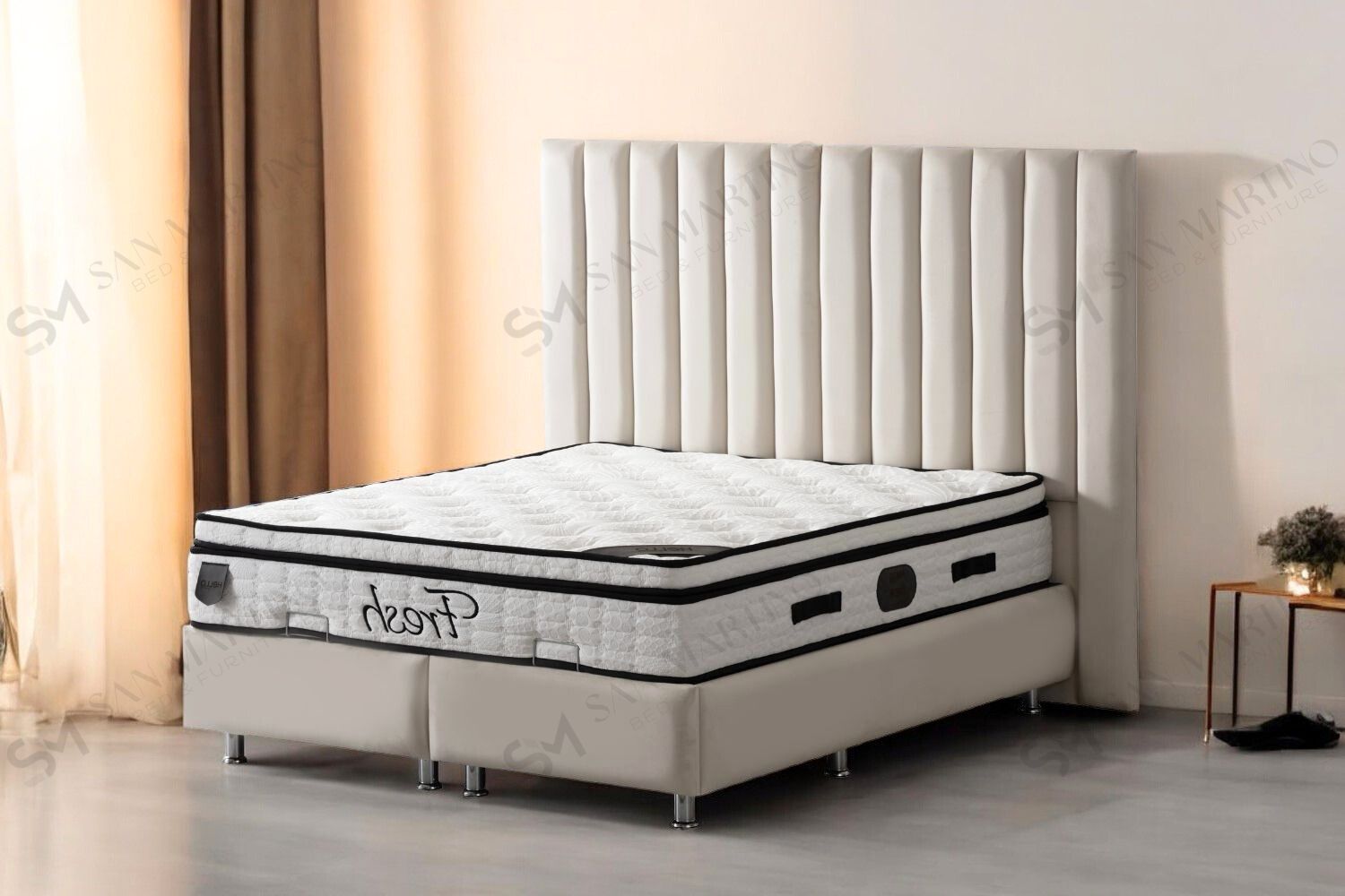 Lit Coffre ATHENA BLANC CASSE - VELOURS