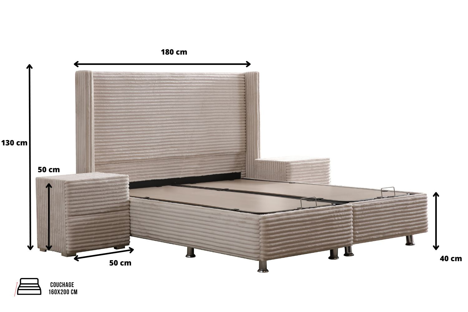 Lit Coffre CLARA CREME - Côtélé Blanc