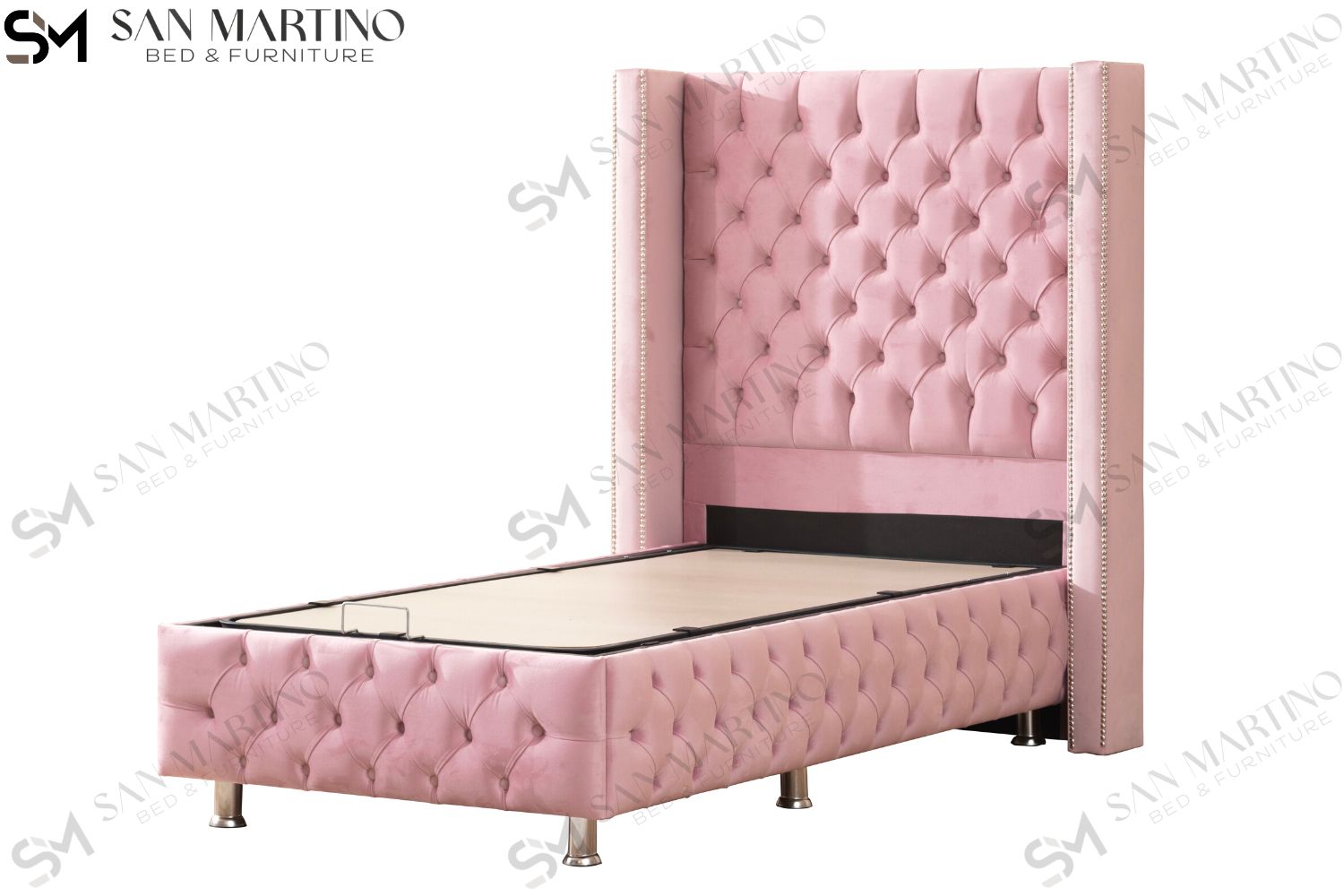 Lit Coffre Enfant CLOUTE ROSE - Velours capitonné