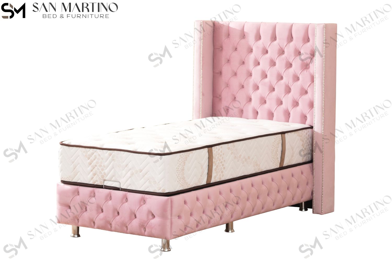 Lit Coffre Enfant CLOUTE ROSE - Velours capitonné
