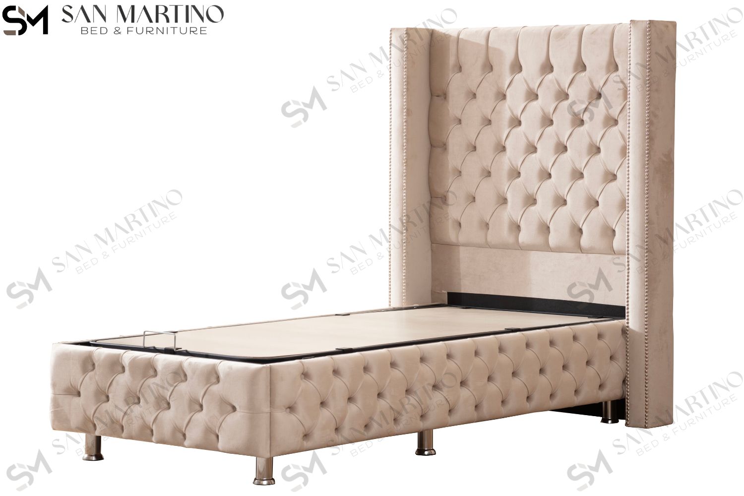 Lit Coffre Enfant CLOUTE BEIGE - Velours capitonné