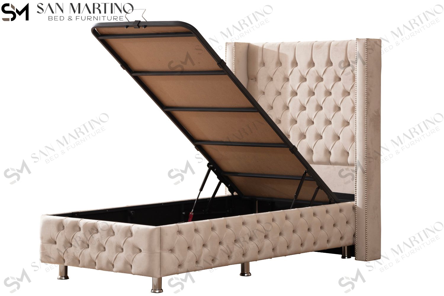 Lit Coffre Enfant CLOUTE BEIGE - Velours capitonné