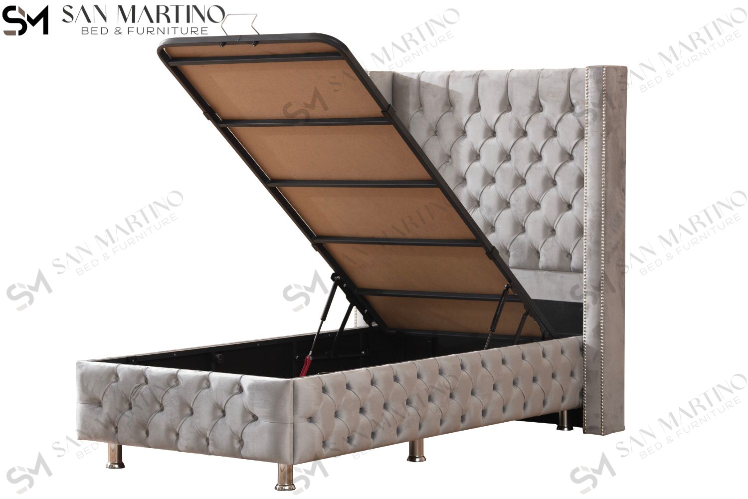 Lit Coffre Enfant CLOUTE GRIS - Velours capitonné