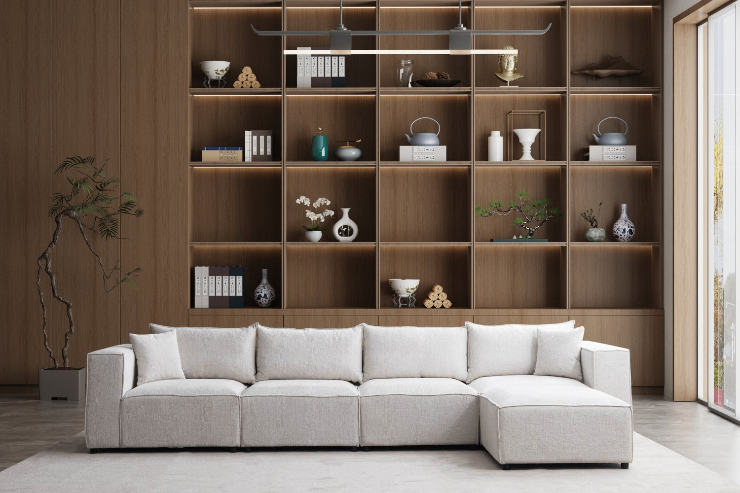 Canapé Elégance Chenille Modulable Blanc cassé 4+1 Pouf