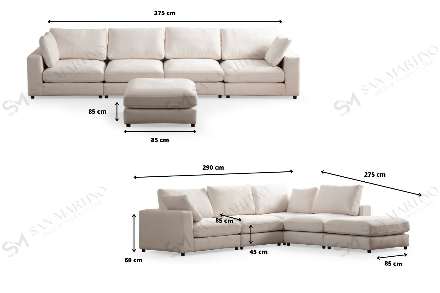 Canapé Julia Modulable Velours Blanc cassé 4+1 Pouf