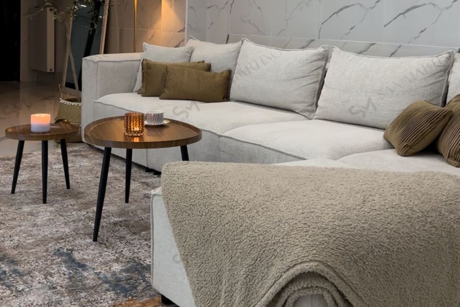 Canapé Elégance Chenille Modulable Blanc cassé 4+1 Pouf