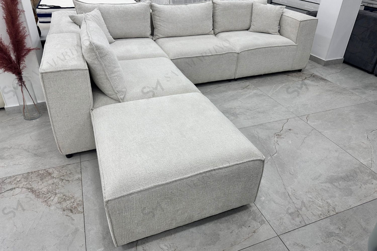 Canapé Elégance Chenille Modulable Blanc cassé 4+1 Pouf