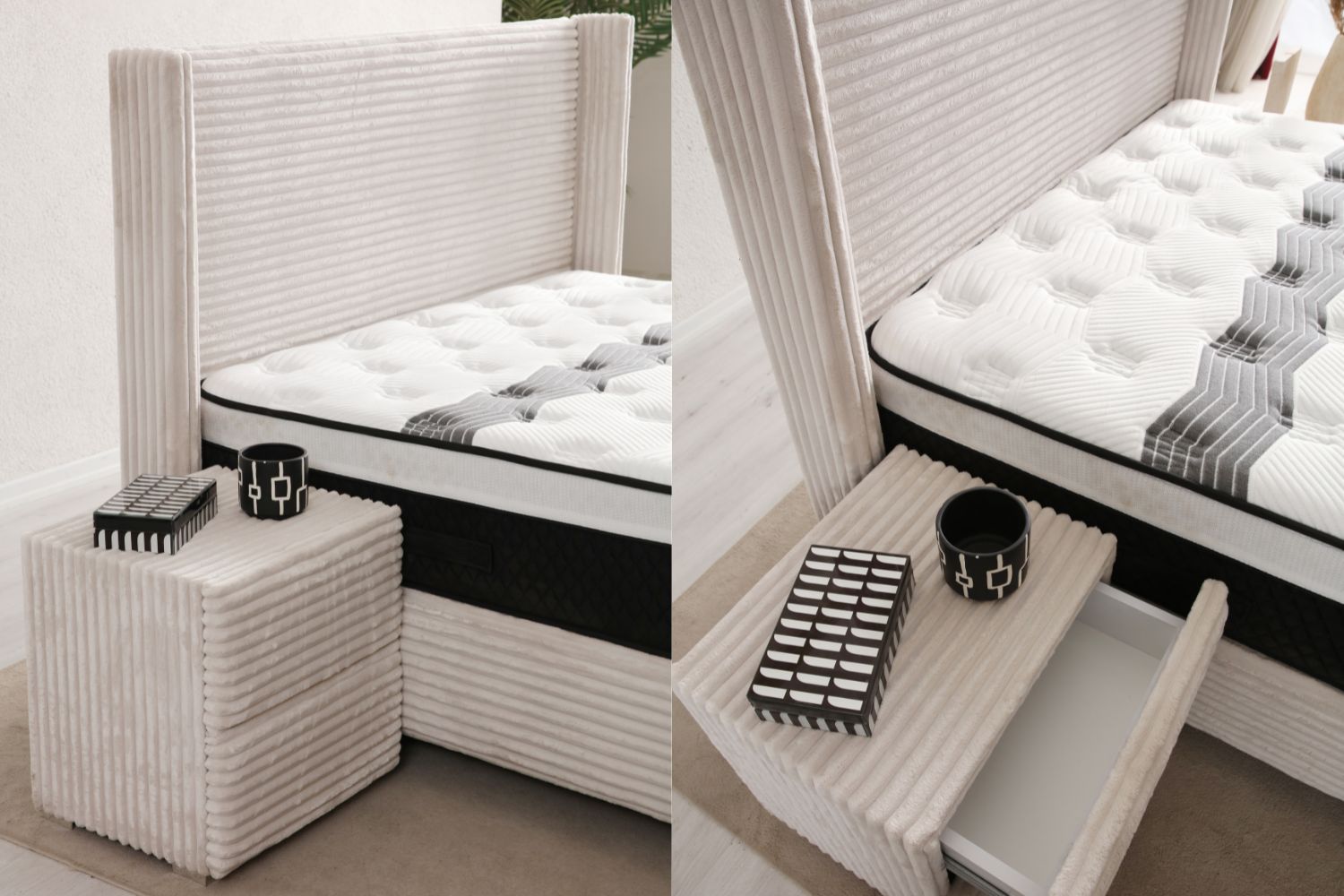 Lit Coffre CLARA CREME - Côtélé Blanc