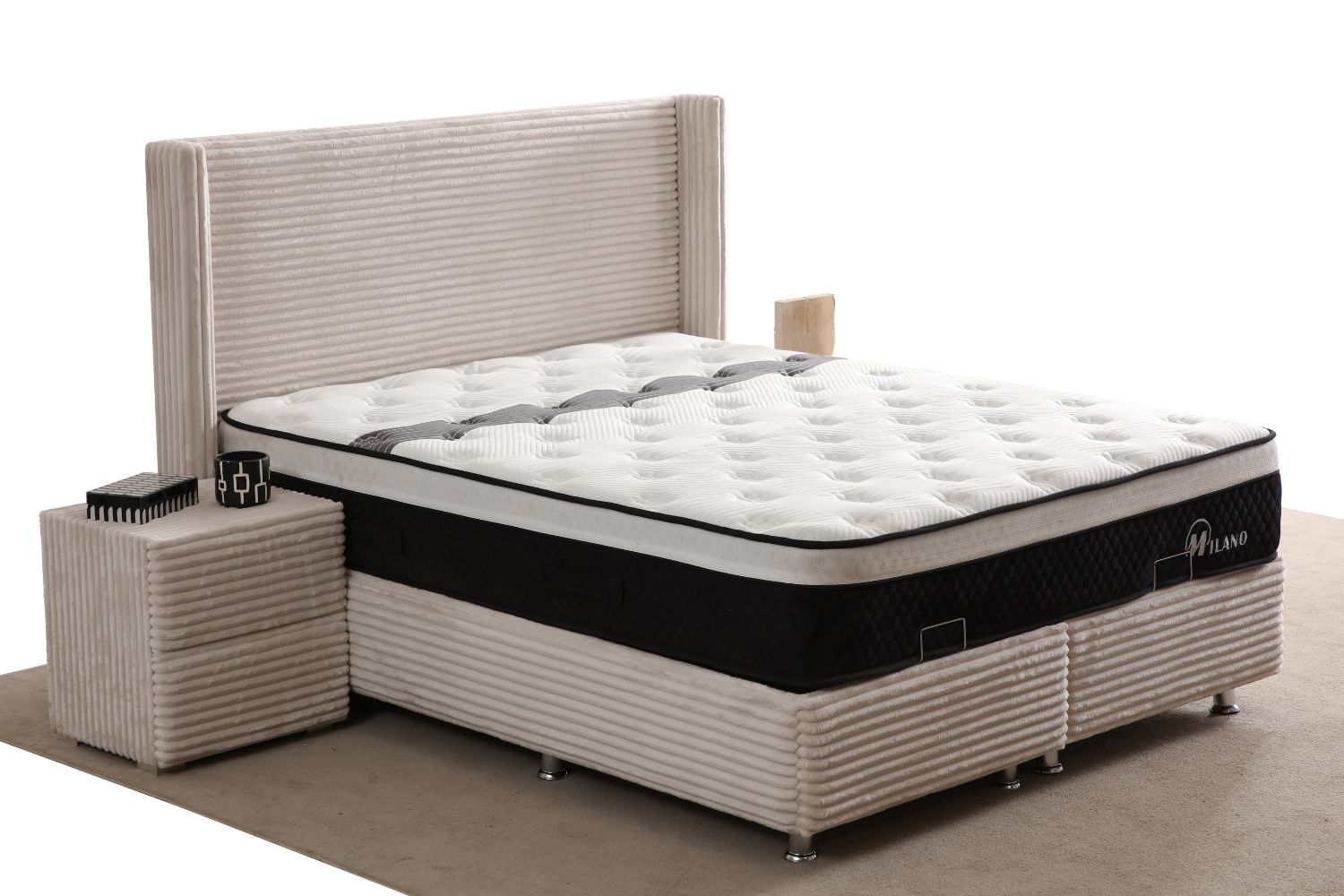 Lit Coffre CLARA CREME - Côtélé Blanc