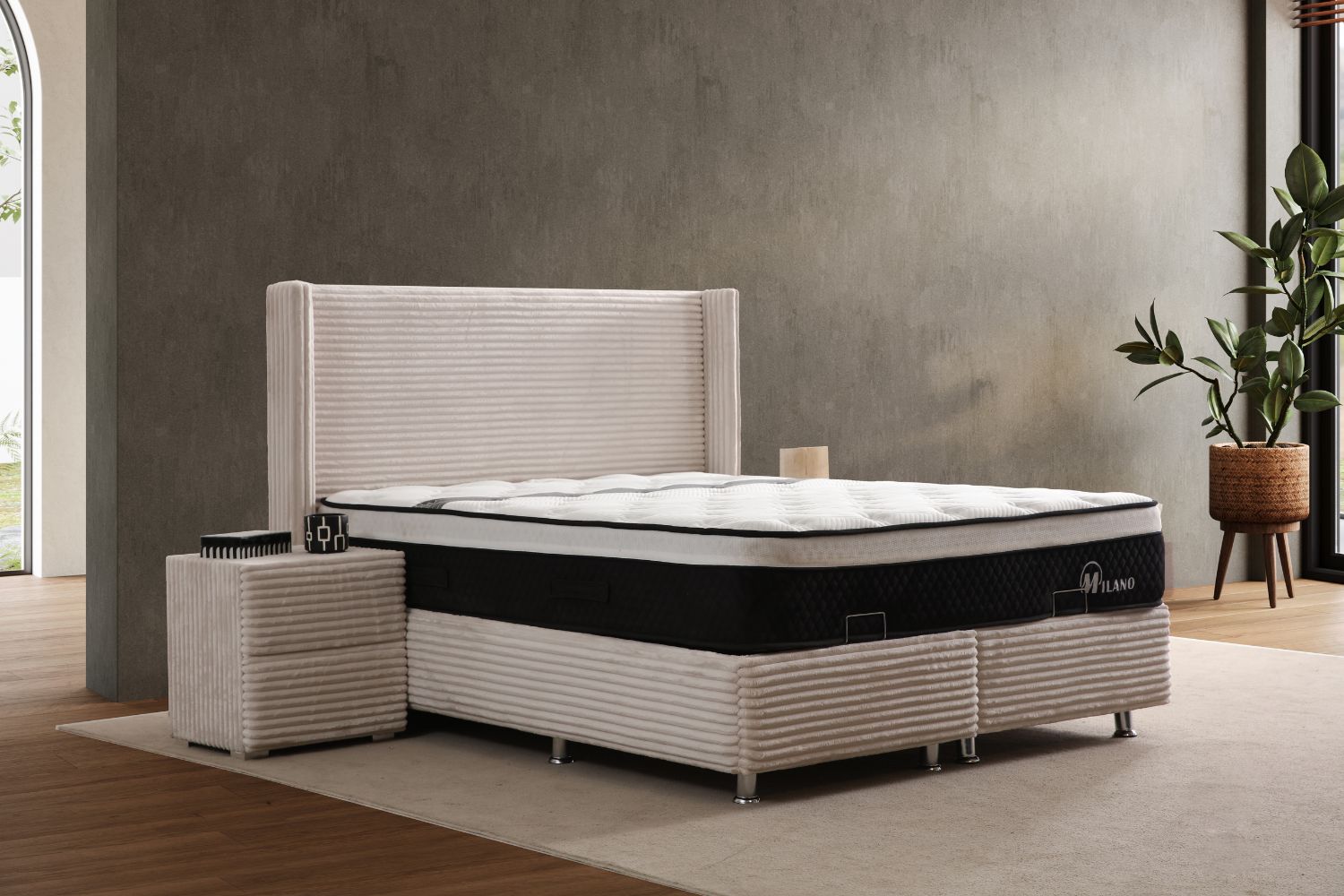 Lit Coffre CLARA CREME - Côtélé Blanc