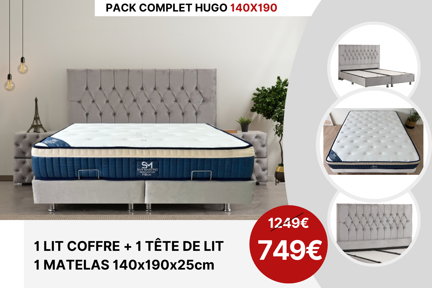 PACK COMPLET HUGO GRIS + Matelas 25cm