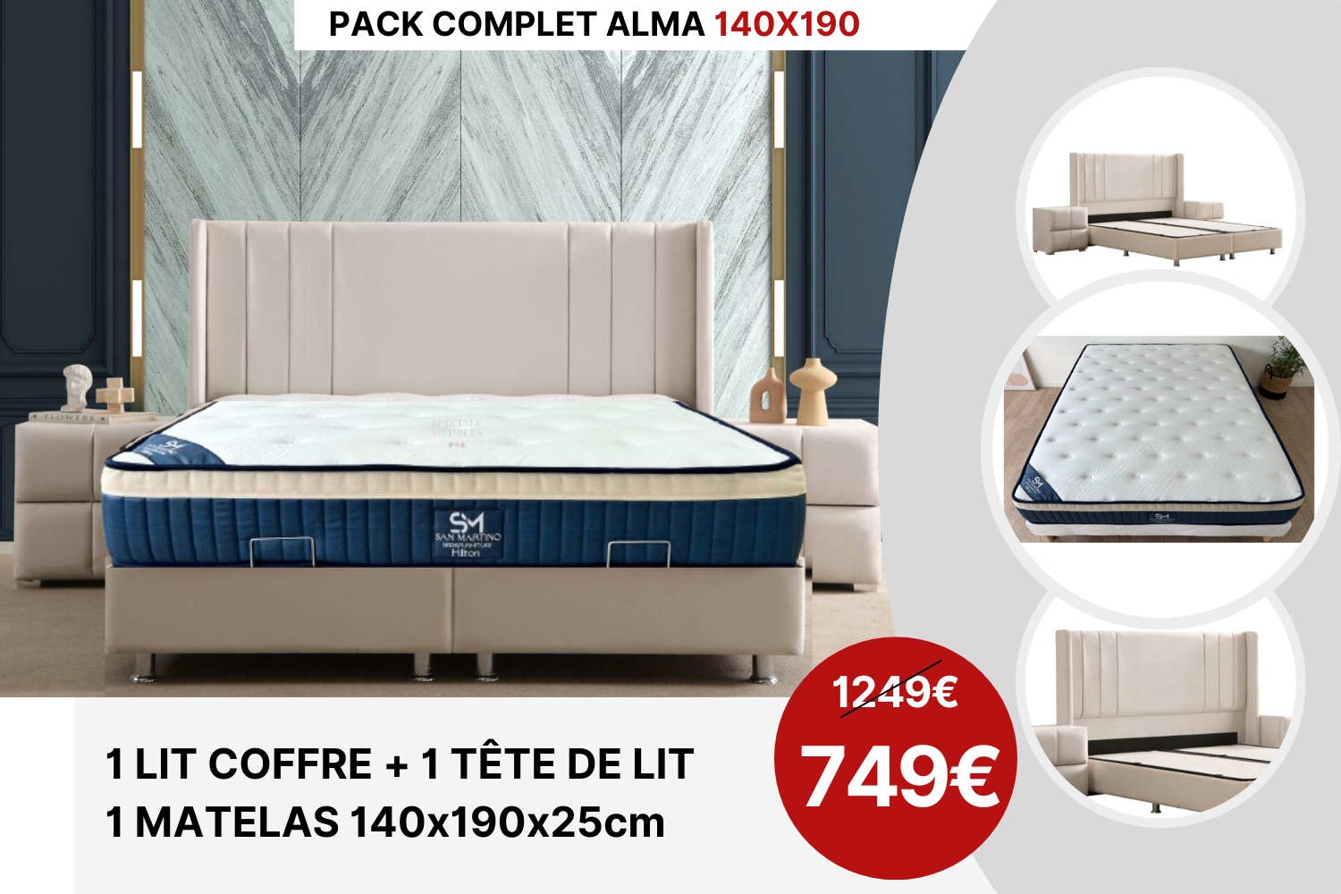 PACK COMPLET ALMA BLANC CASSE Matelas 25cm