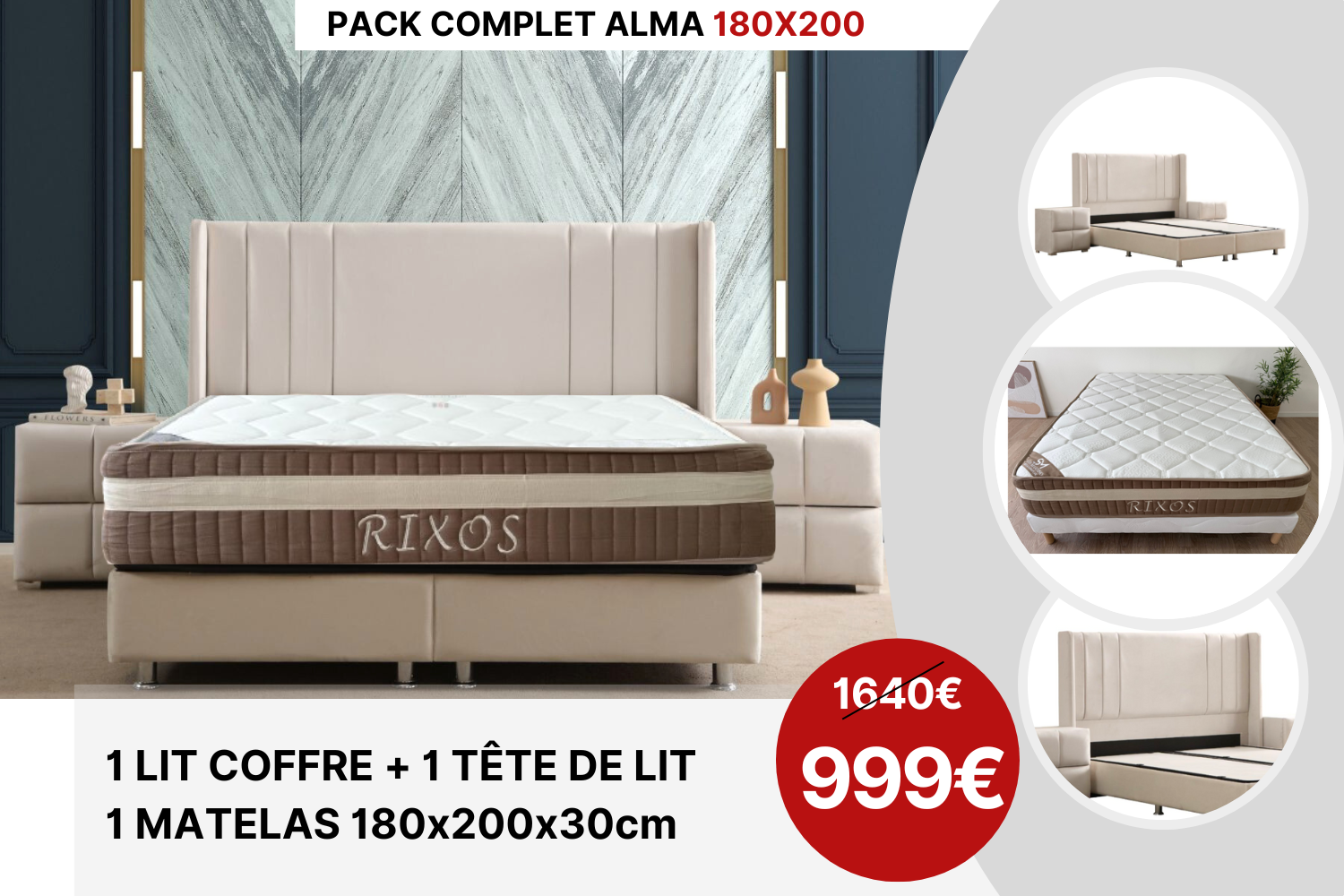 PACK COMPLET ALMA BLANC CASSE + Matelas 30cm