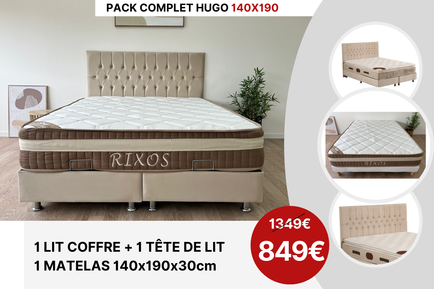 PACK COMPLET HUGO BEIGE + Matelas 30cm