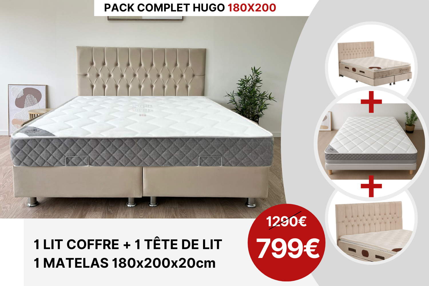 PACK COMPLET HUGO BEIGE + Matelas 20cm
