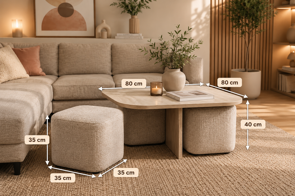 Table Basse Marbella Céramique avec poufs 80cm