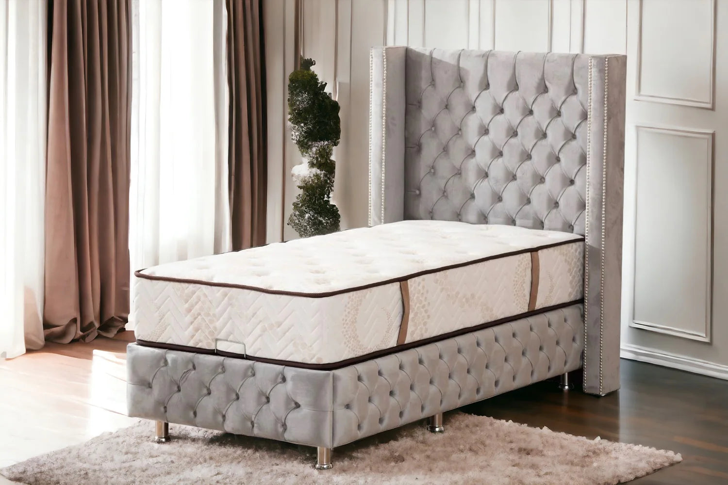 Lit Coffre Enfant CLOUTE GRIS - Velours capitonné