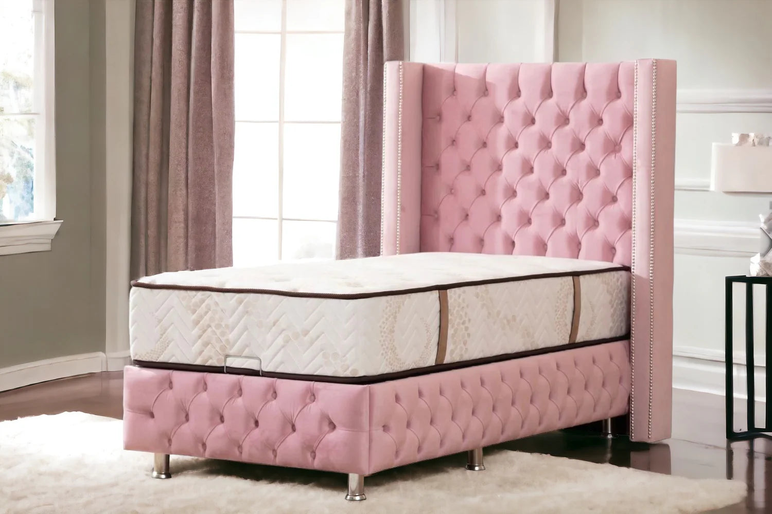 Lit Coffre Enfant CLOUTE ROSE - Velours capitonné