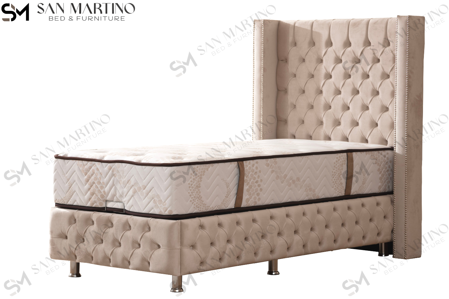 Lit Coffre Enfant CLOUTE BEIGE - Velours capitonné