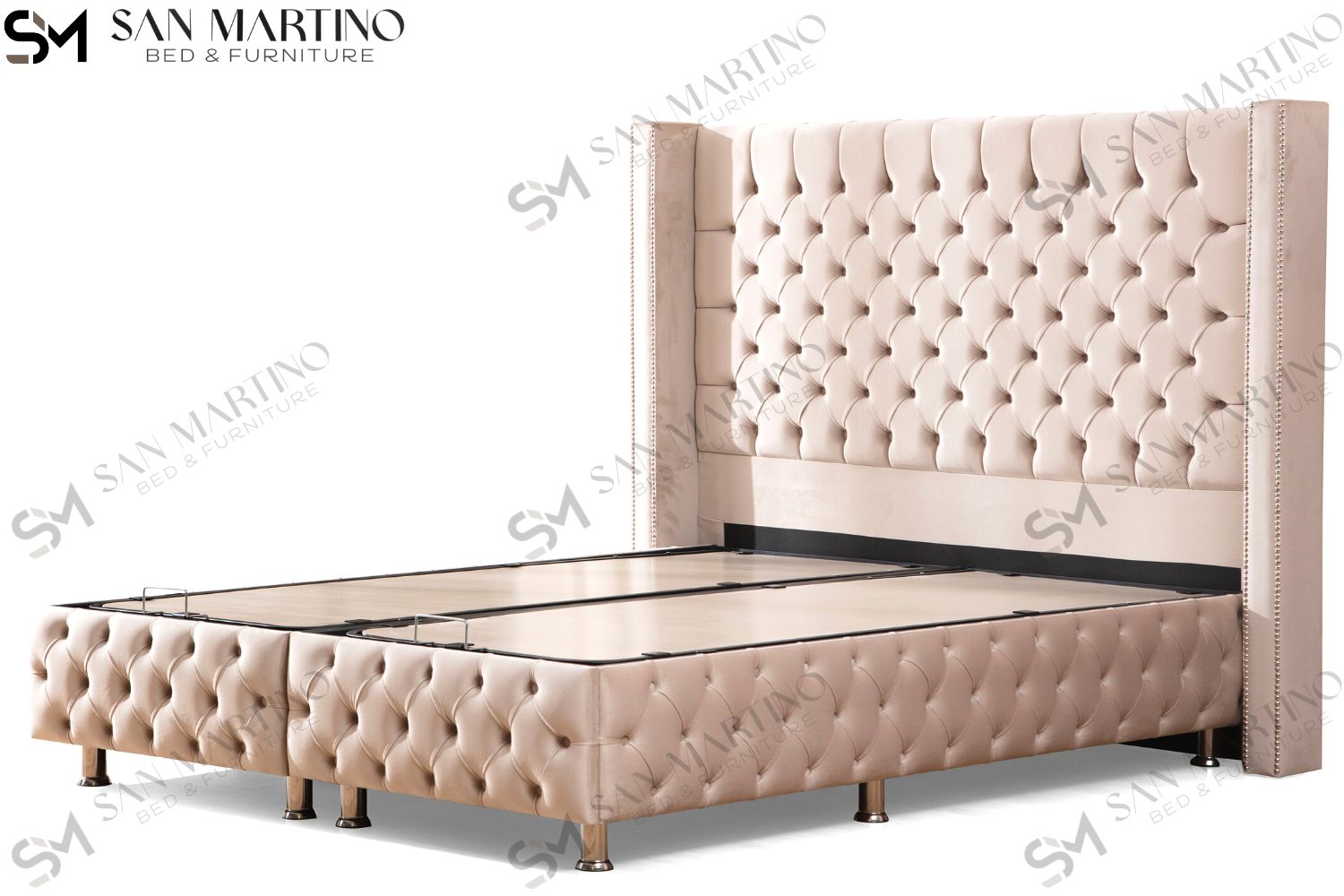 Lit Coffre CLOUTE BEIGE - Velours capitonné