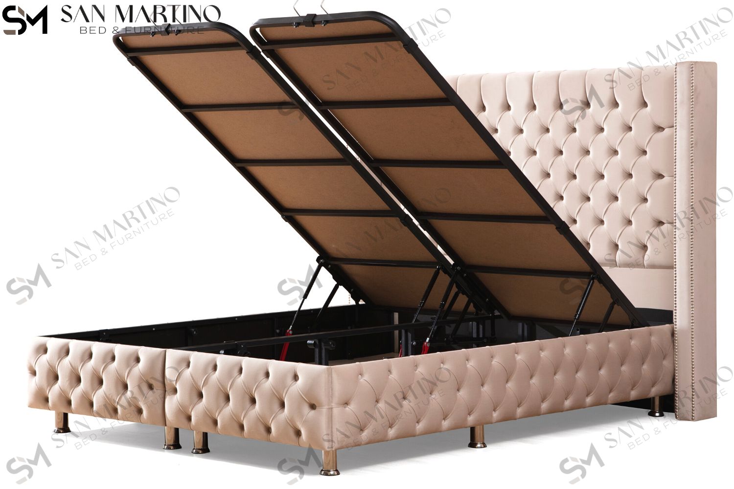 Lit Coffre CLOUTE BEIGE - Velours capitonné
