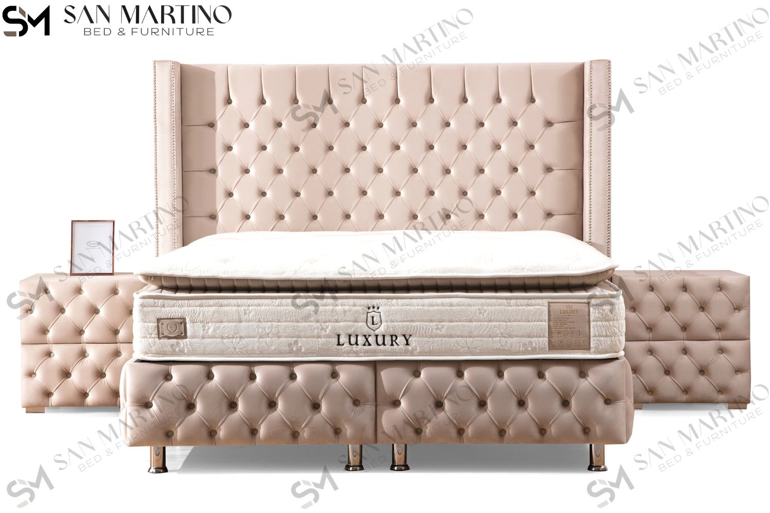 Lit Coffre CLOUTE BEIGE - Velours capitonné
