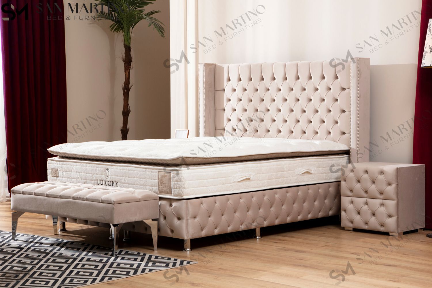 Lit adulte lit double capitonné 160 x 200 cm avec 4 tiroirs et prise USB C, tête de lit réglable