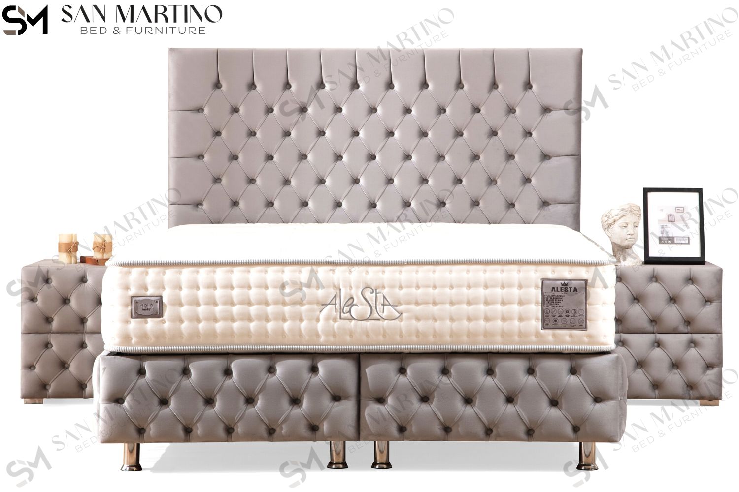 Lit Coffre LAGOS GRIS - Velours capitonné