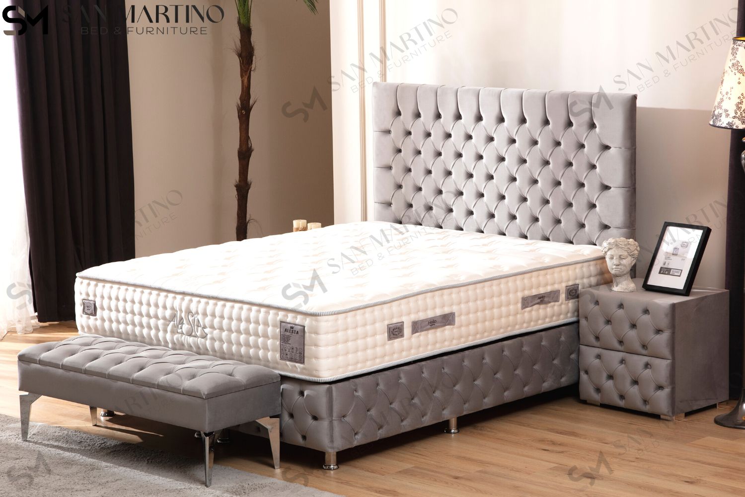 Lit Coffre LAGOS GRIS - Velours capitonné