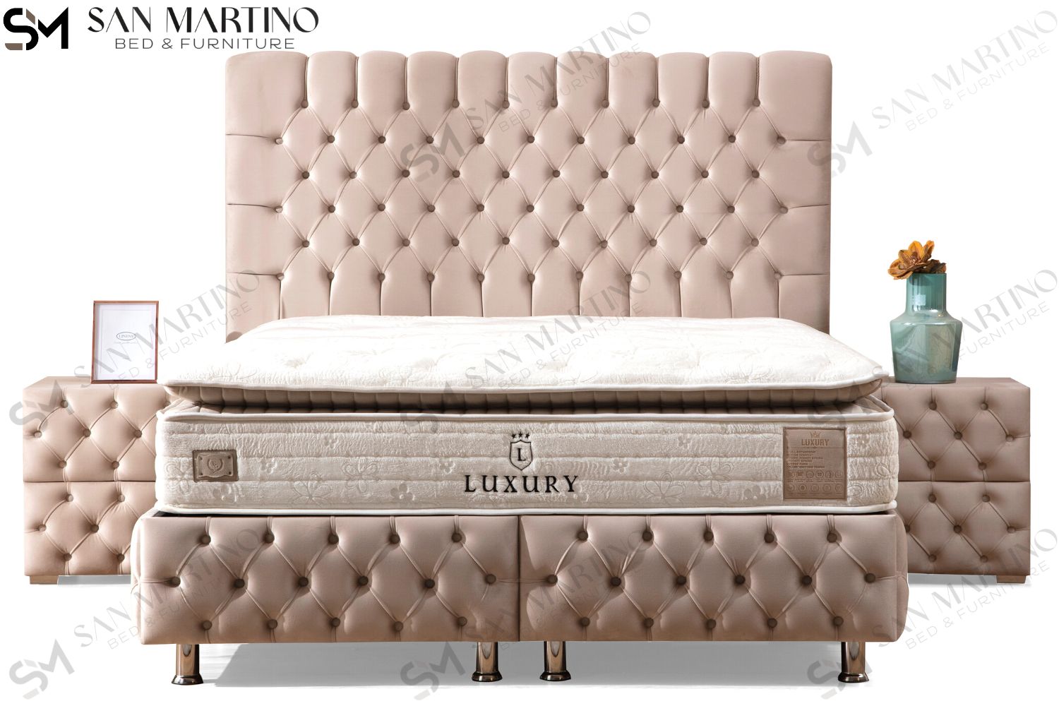 Lit Coffre LUNA BEIGE - Velours capitonné