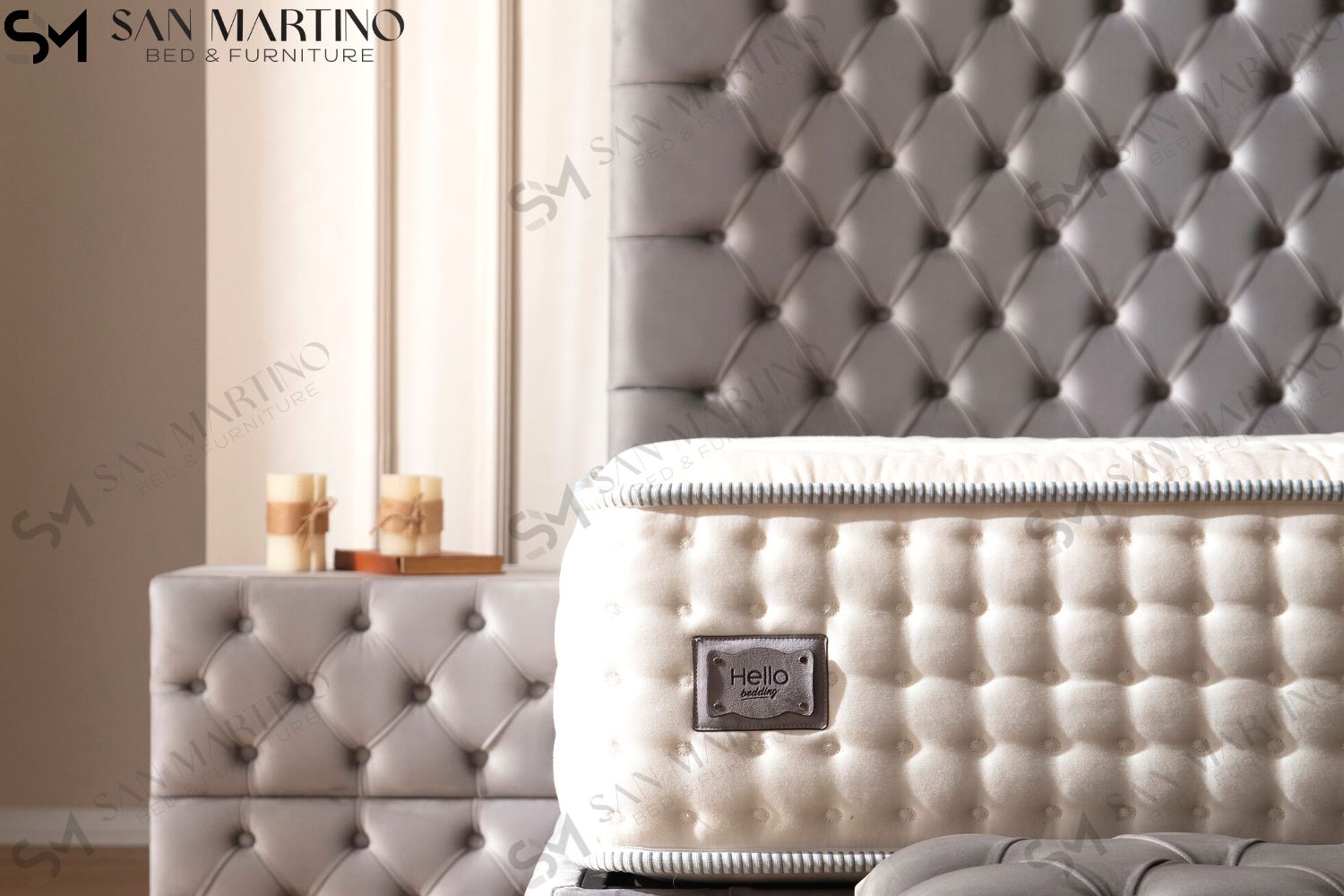 Lit Coffre LAGOS GRIS - Velours capitonné