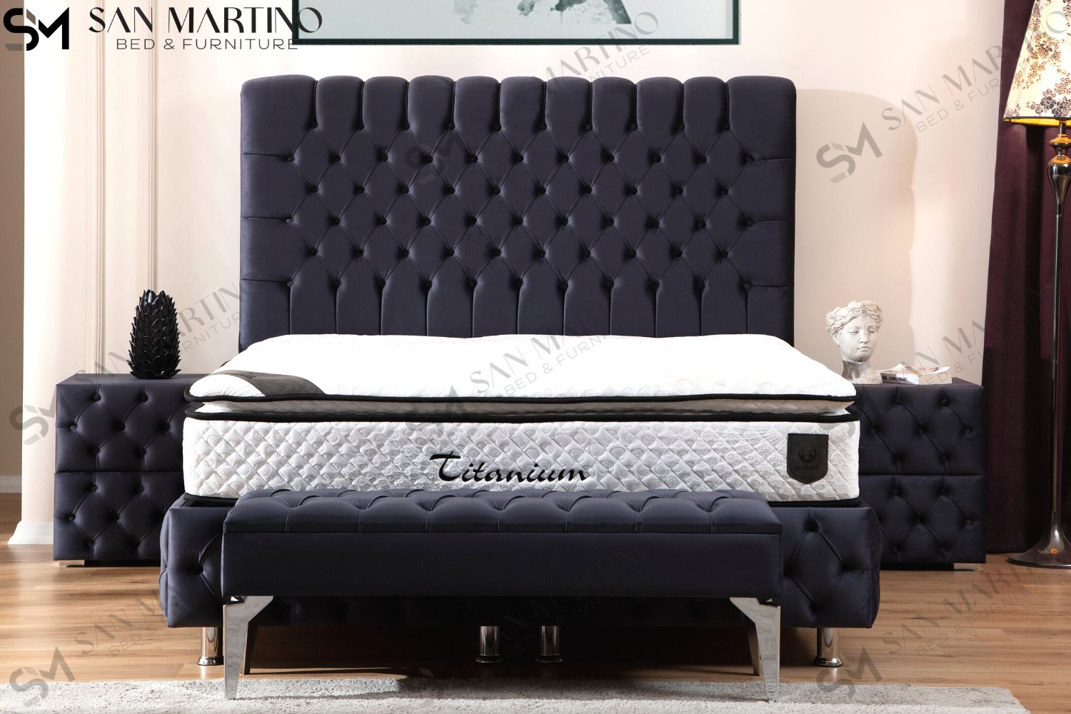 Lit Coffre LUNA GRIS ANTHRACITE - Velours capitonné