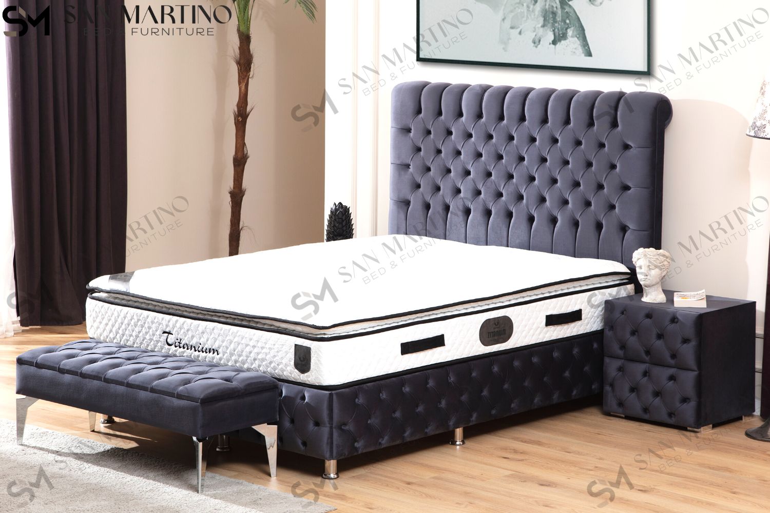 Lit Coffre LUNA GRIS ANTHRACITE - Velours capitonné