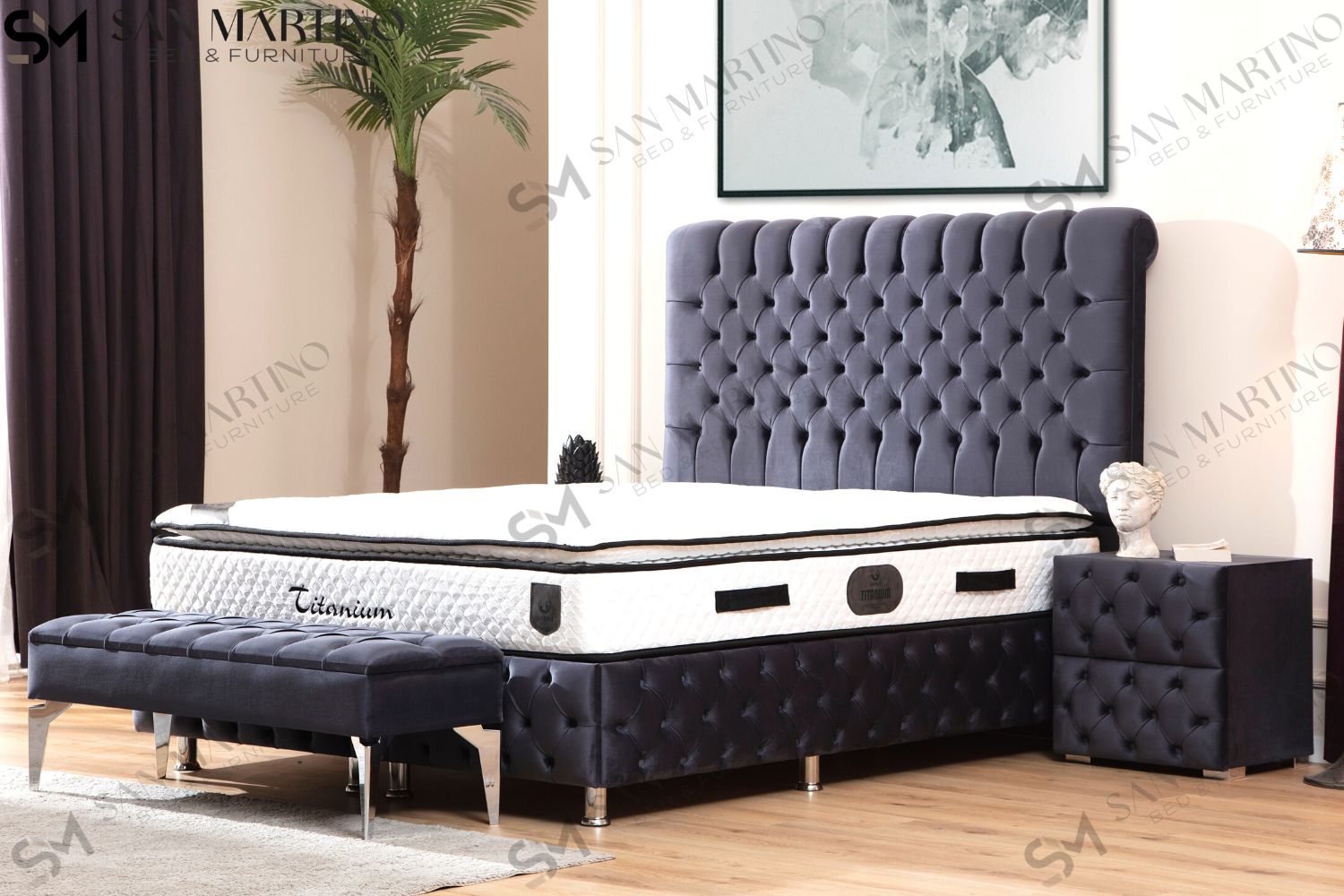 Lit Coffre LUNA GRIS ANTHRACITE - Velours capitonné