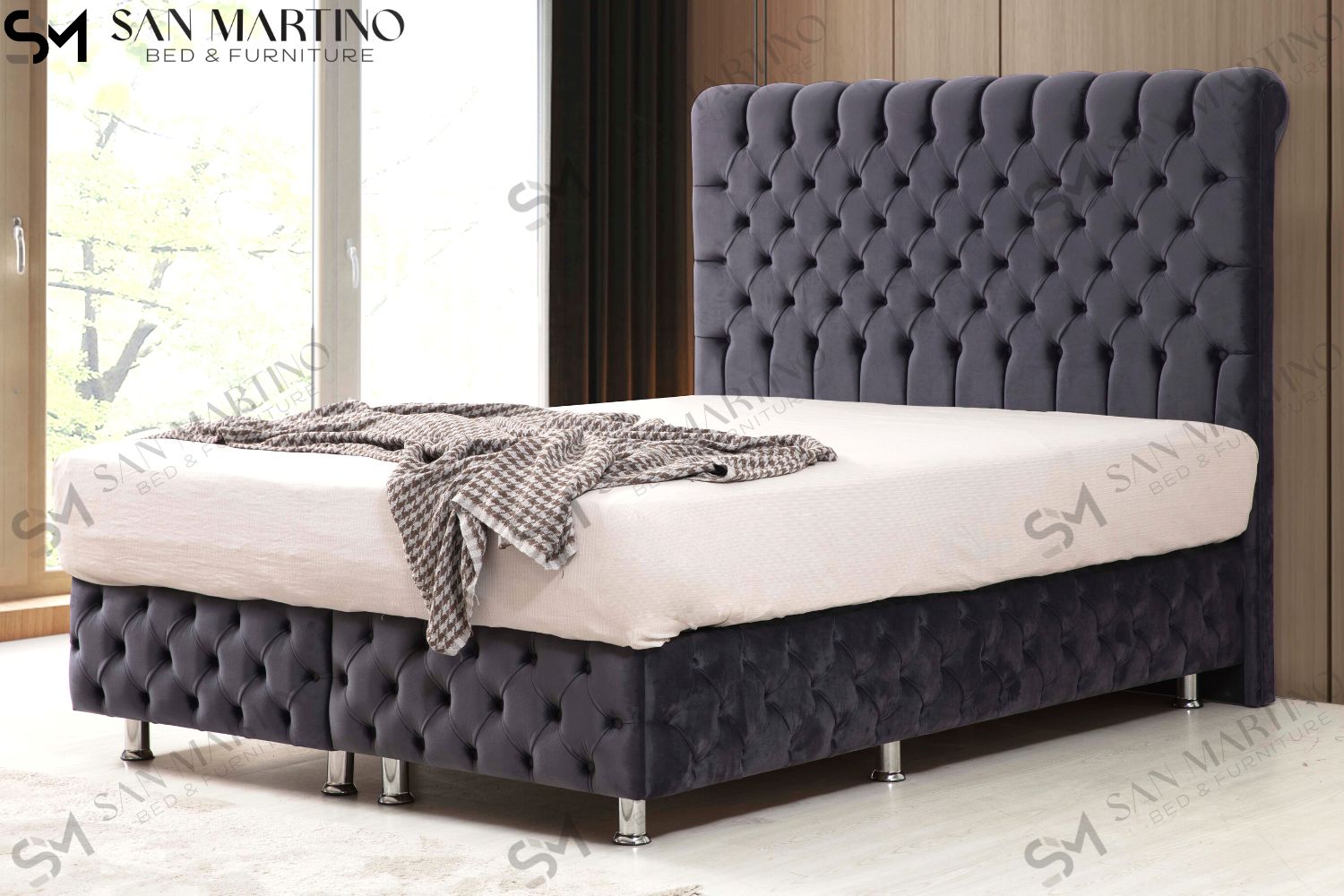 Lit Coffre LUNA GRIS ANTHRACITE - Velours capitonné