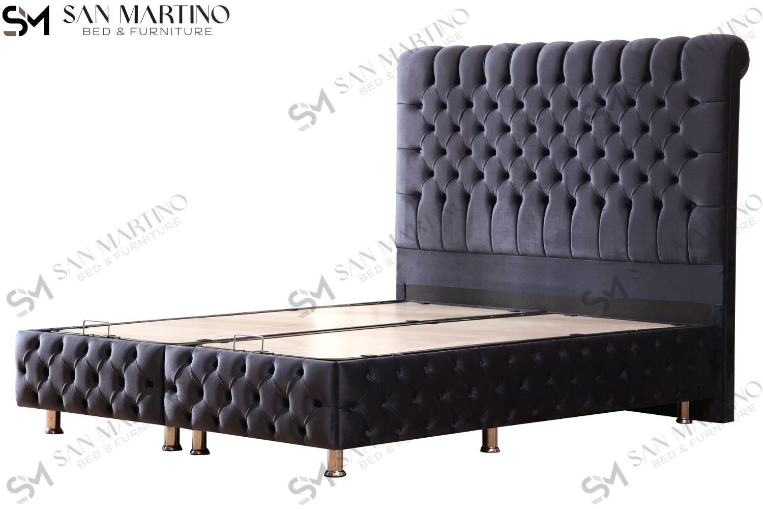 Lit Coffre LUNA GRIS ANTHRACITE - Velours capitonné