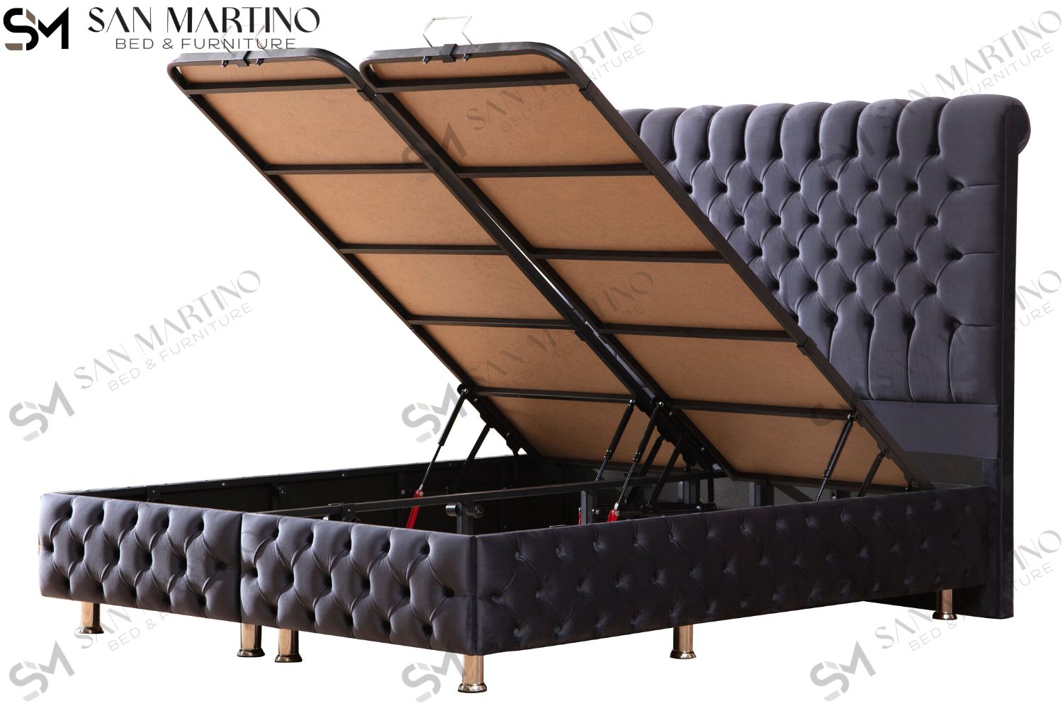 Lit Coffre LUNA GRIS ANTHRACITE - Velours capitonné