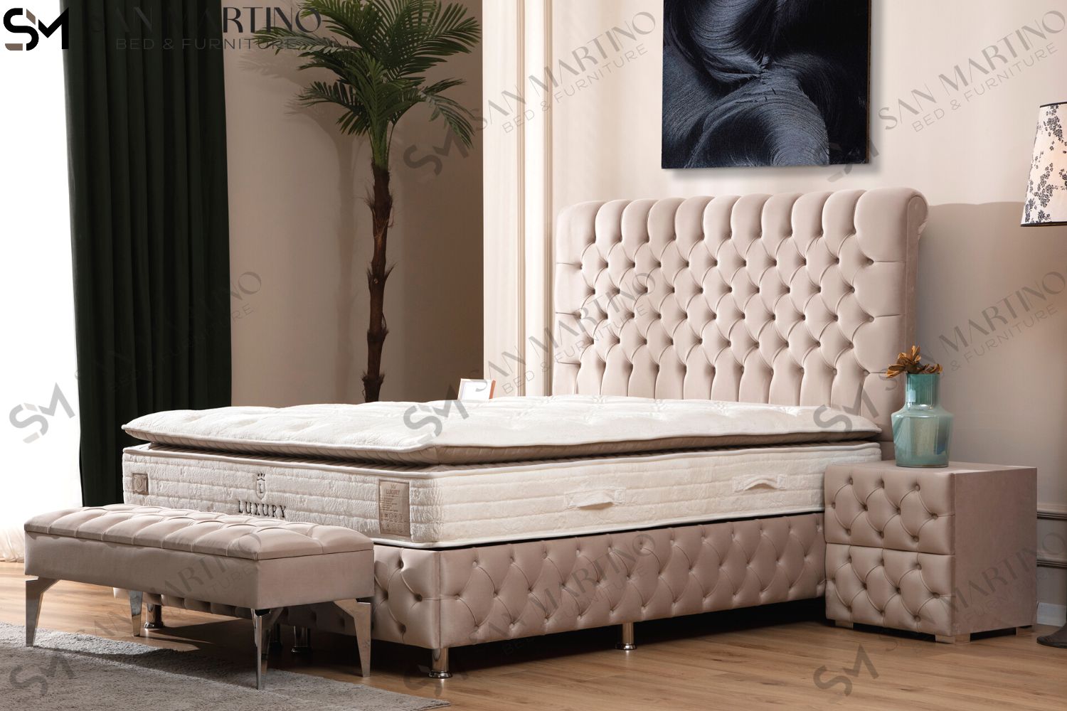 Lit Coffre LUNA BEIGE - Velours capitonné