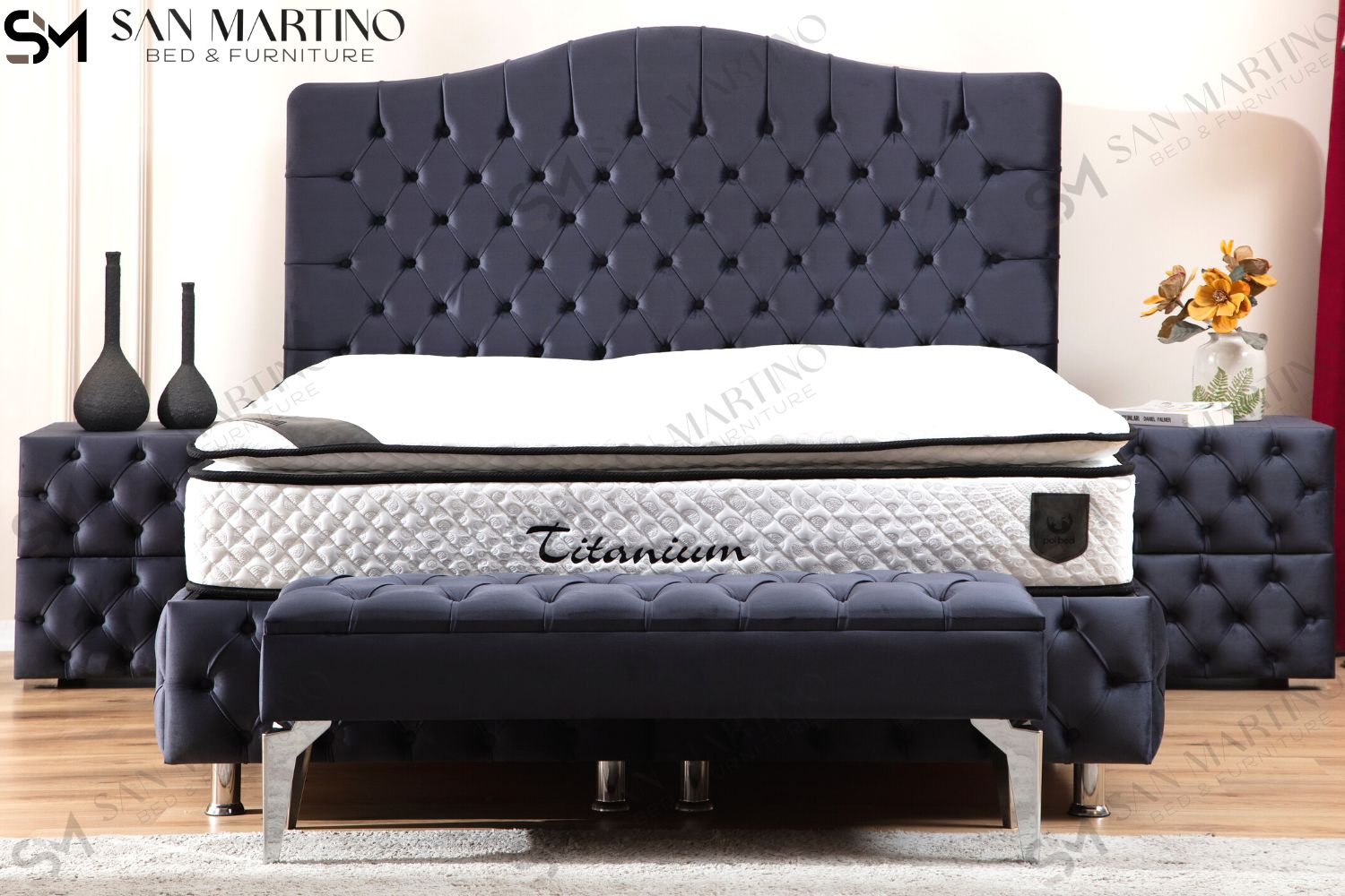 Lit Coffre PARIS GRIS ANTHRACITE - Velours capitonné