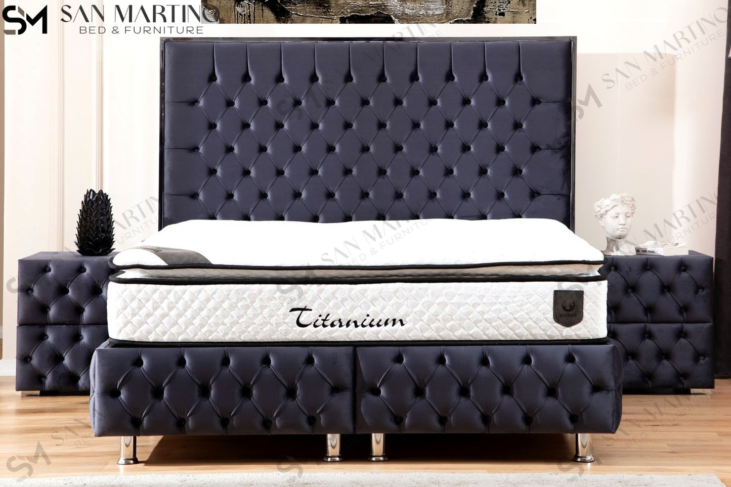 Lit Double Coffre Capitonné En Velours – METALAX GRIS ANTHRACITE