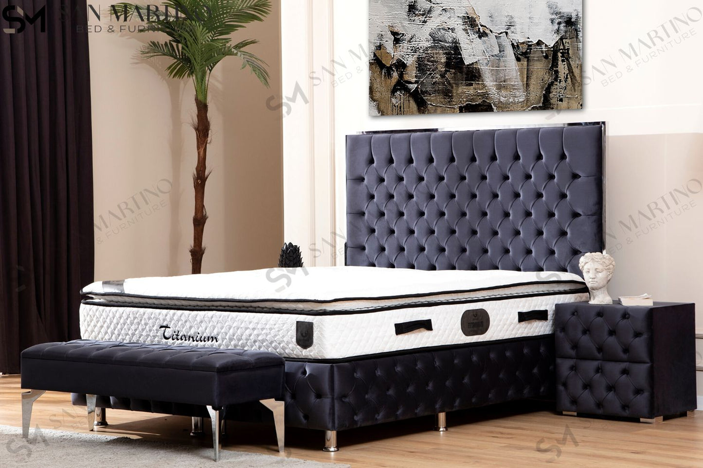 Lit Double Coffre Capitonné En Velours – METALAX GRIS ANTHRACITE