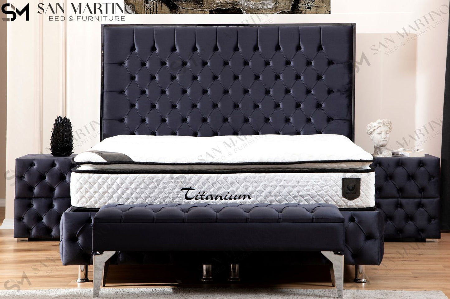 Lit Double Coffre Capitonné En Velours – METALAX GRIS ANTHRACITE
